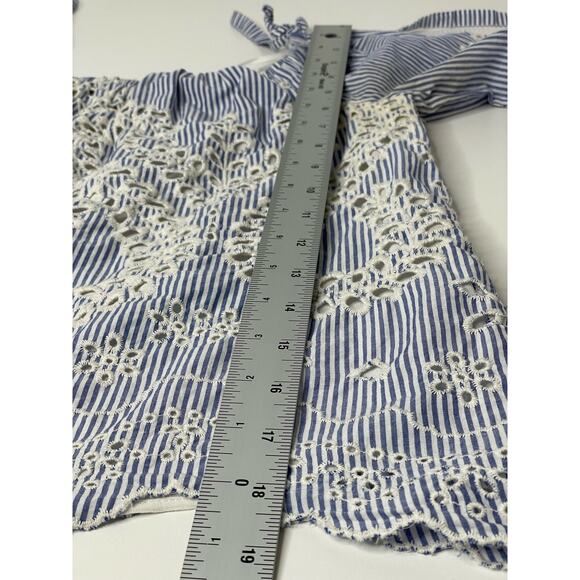 Express Blouse Eyelet Off the Shoulder Striped 3/4 Sleeve Cotton Lined Blue S - Picture 10 of 12